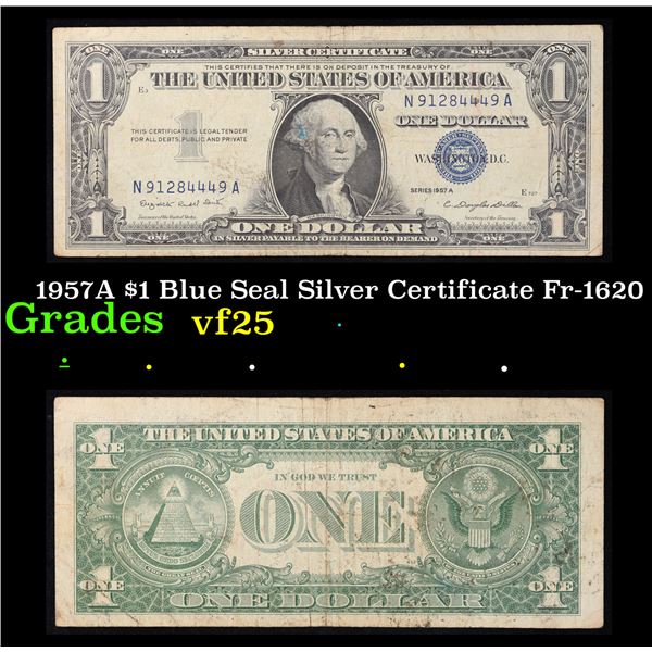 1957A $1 Blue Seal Silver Certificate Fr-1620 Grades vf+