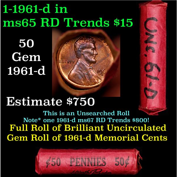 Shotgun Lincoln 1c roll, 1961-d 50 pcs Baker & Company Wrapper.