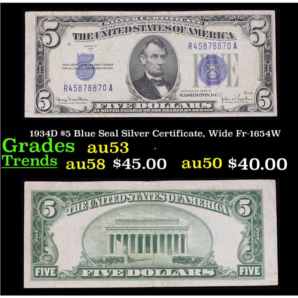 1934D $5 Blue Seal Silver Certificate, Wide Fr-1654W Grades Select AU