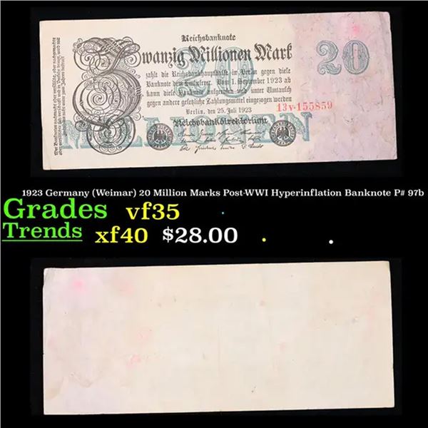 1923 Germany (Weimar) 20 Million Marks Post-WWI Hyperinflation Banknote P# 97b Grades vf++