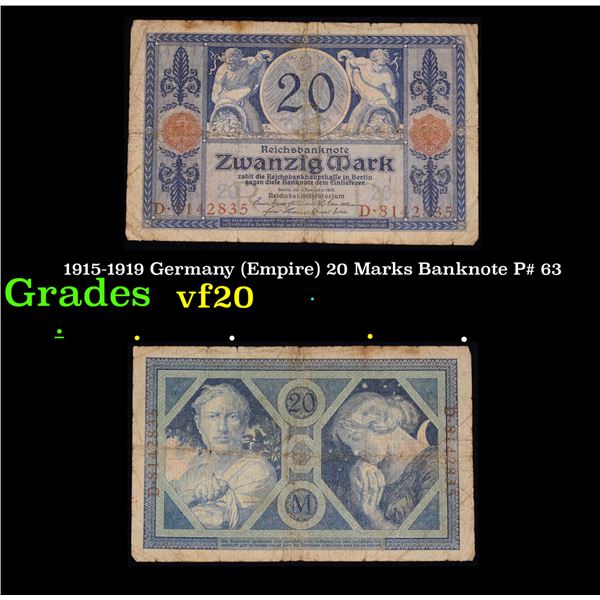 1915-1919 Germany (Empire) 20 Marks Banknote P# 63 Grades vf, very fine