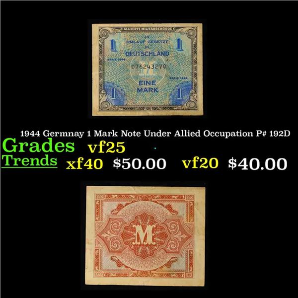 1944 Germnay 1 Mark Note Under Allied Occupation P# 192D Grades vf+