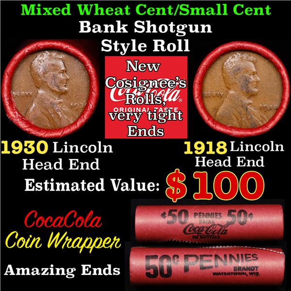 Mixed small cents 1c orig shotgun roll, 1918-p Lincoln Cent, 1930-p Lincoln Cent other end, Coca-Col