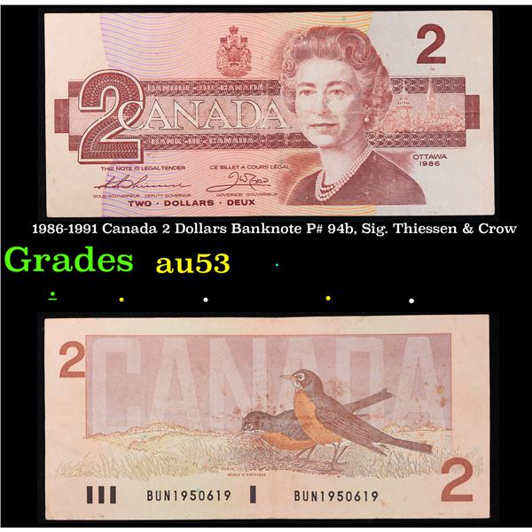 1986-1991 Canada 2 Dollars Banknote P# 94b, Sig. Thiessen & Crow Grades Select AU