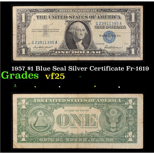 1957 $1 Blue Seal Silver Certificate Fr-1619 Grades vf+