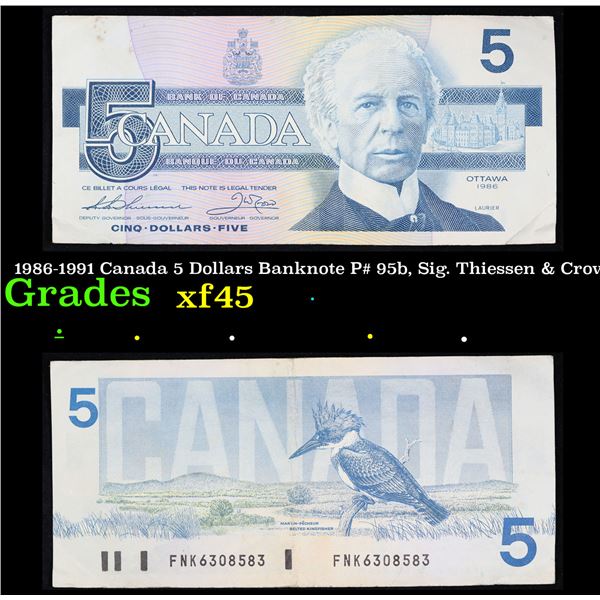 1986-1991 Canada 5 Dollars Banknote P# 95b, Sig. Thiessen & Crow Grades xf+