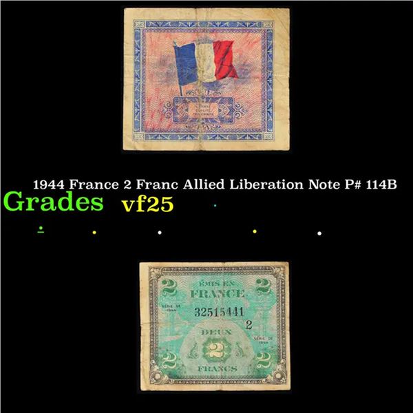 1944 France 2 Franc Allied Liberation Note P# 114B Grades vf+