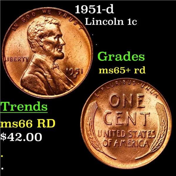 1951-d Lincoln Cent 1c Grades Gem+ Unc RD