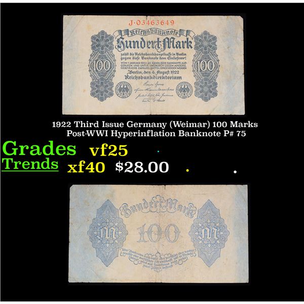 1922 Third Issue Germany (Weimar) 100 Marks Post-WWI Hyperinflation Banknote P# 75 Grades vf+