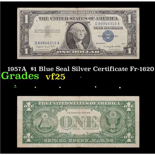 1957A  $1 Blue Seal Silver Certificate Fr-1620 Grades vf+