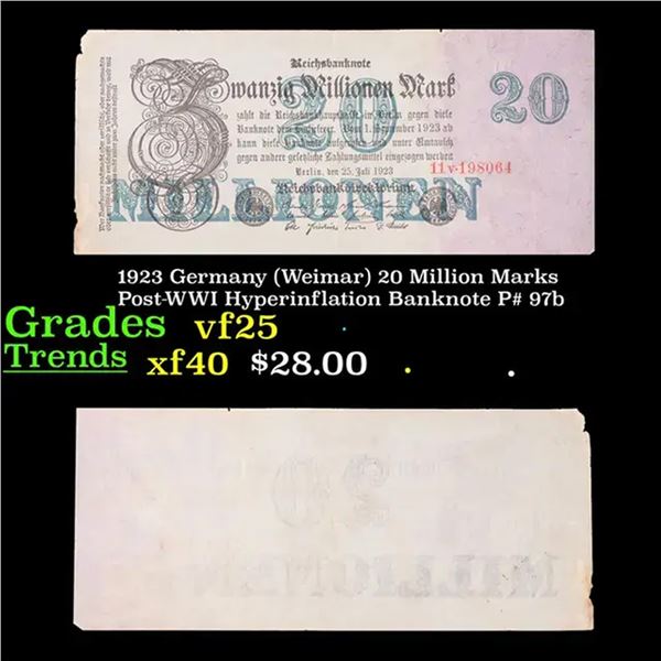 1923 Germany (Weimar) 20 Million Marks Post-WWI Hyperinflation Banknote P# 97b Grades vf+