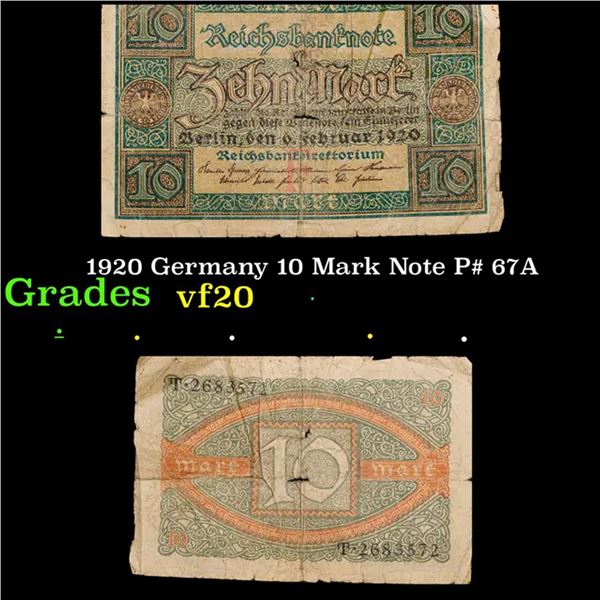 1920 Germany 10 Mark Note P# 67A Grades vf, very fine