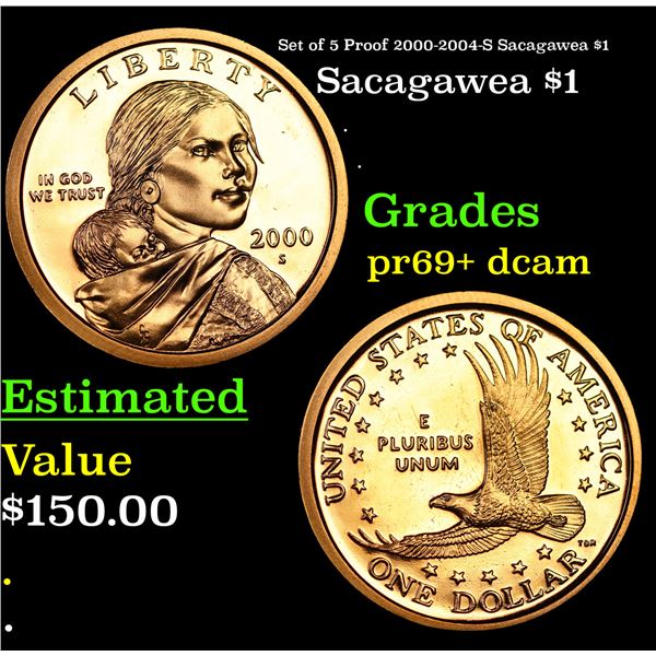 Proof Set of 5 Proof 2000-2004-S Sacagawea $1 Sacagawea Dollar $1 Grades GEM++ Proof Deep Cameo