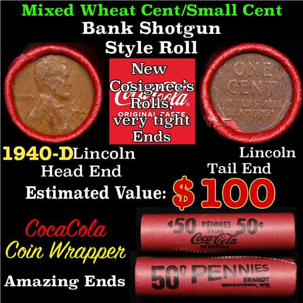 Mixed small cents 1c orig shotgun roll, 1940-d Lincoln Cent,  Lincoln Cent other end, Coca-Cola Bran
