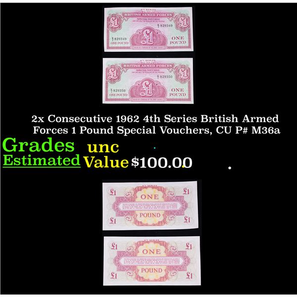 2x Consecutive 1962 4th Series British Armed Forces 1 Pound Special Vouchers, CU P# M36a Grades Bril