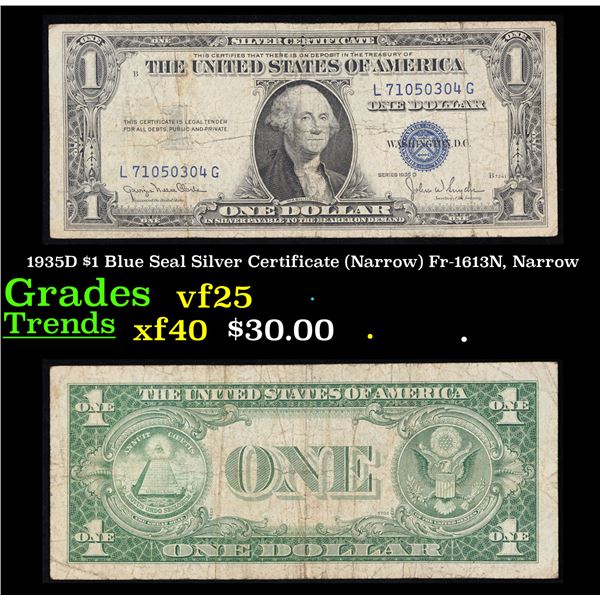 1935D $1 Blue Seal Silver Certificate (Narrow) Fr-1613N, Narrow Grades vf+
