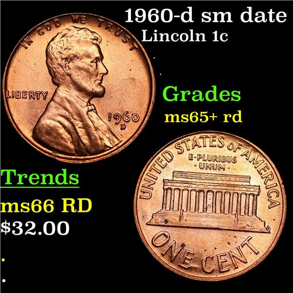 1960-d sm date Lincoln Cent 1c Grades Gem+ Unc RD