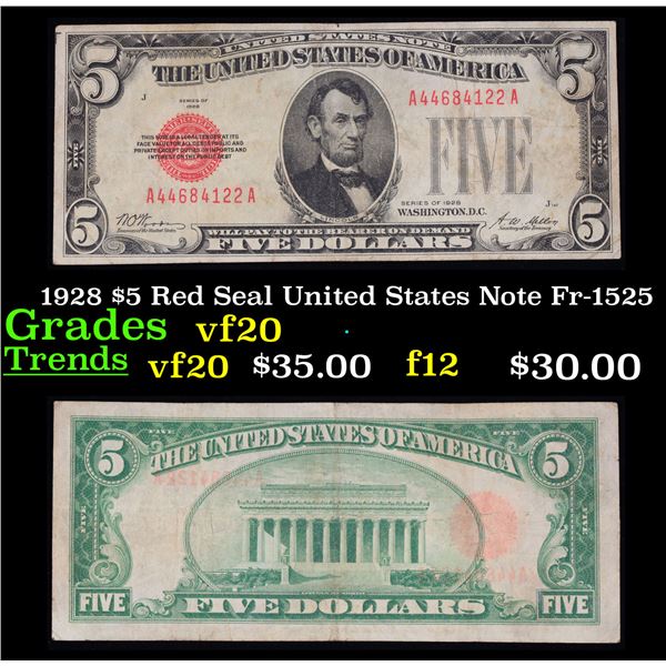 1928 $5 Red Seal United States Note Fr-1525 Grades vf, very fine
