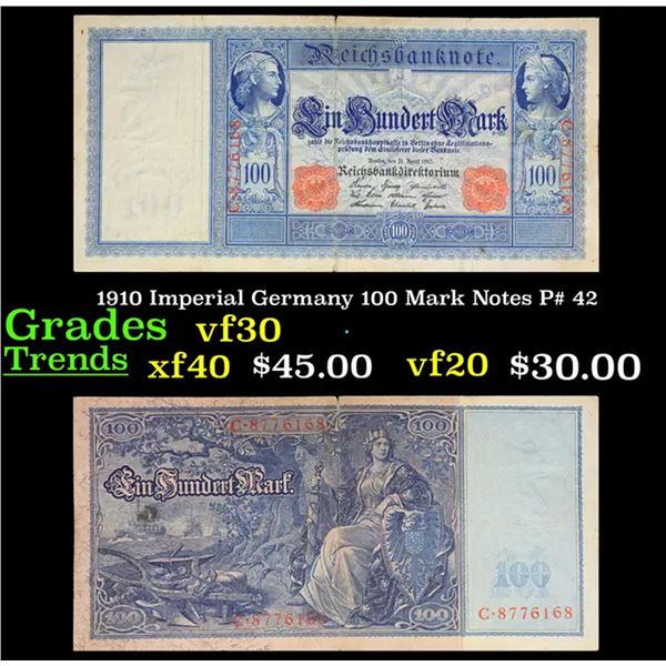 1910 Imperial Germany 100 Mark Notes P# 42 Grades vf++
