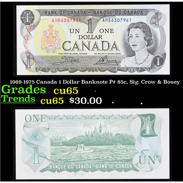 1969-1975 Canada 1 Dollar Banknote P# 85c, Sig. Crow & Bouey Grades Gem CU