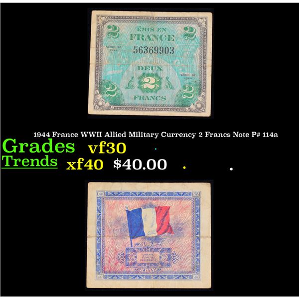 1944 France WWII Allied Military Currency 2 Francs Note P# 114a Grades vf++