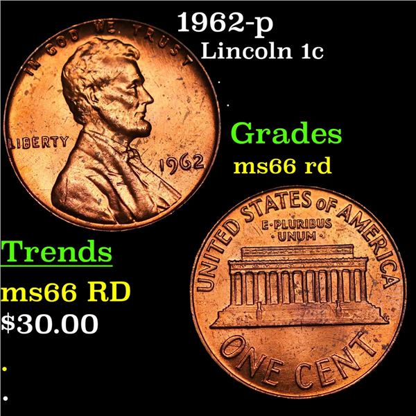 1962-p Lincoln Cent 1c Grades GEM+ Unc RD