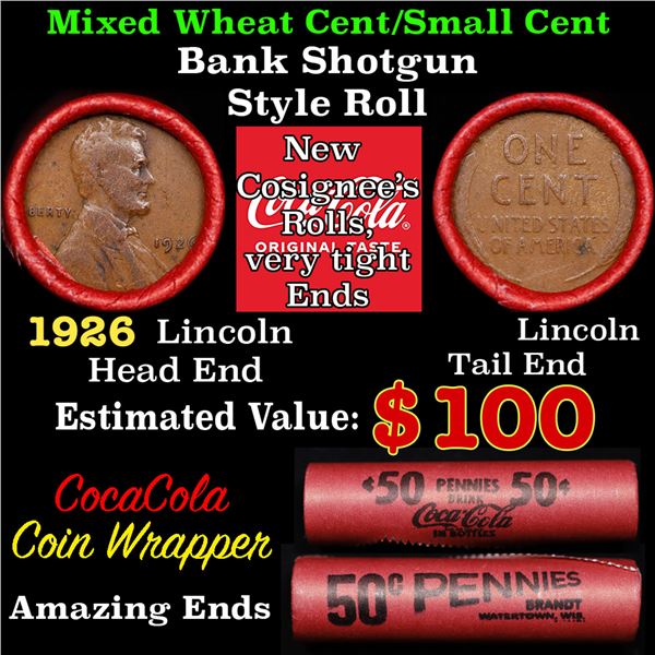 Mixed small cents 1c orig shotgun roll, 1926-p Lincoln Cent, Lincoln Cent other end, Coca-Cola Brand