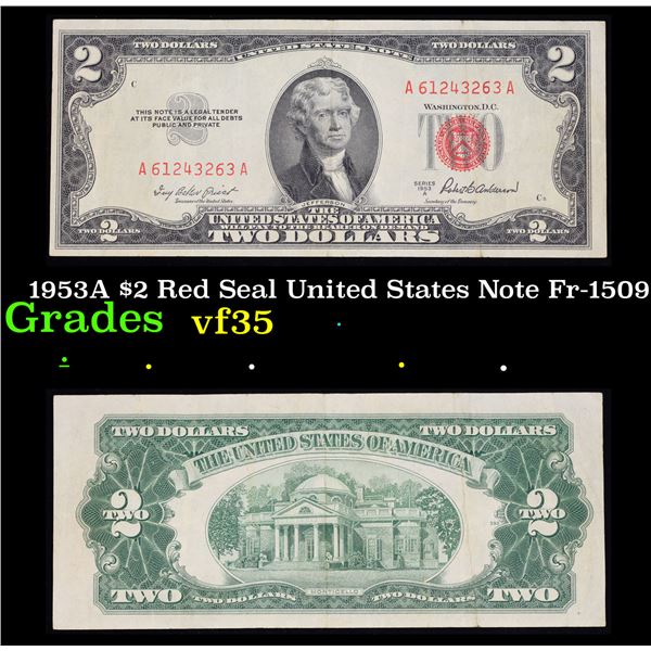 1953A $2 Red Seal United States Note Fr-1509 Grades vf++
