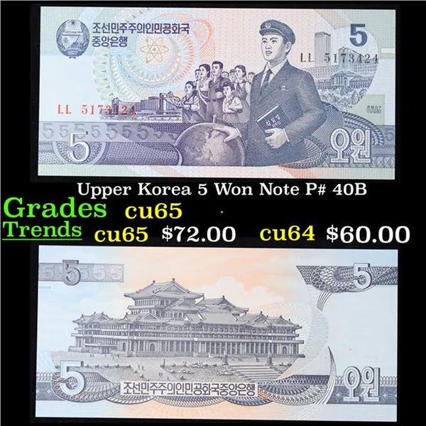 Upper Korea 5 Won Note P# 40B Grades Gem CU