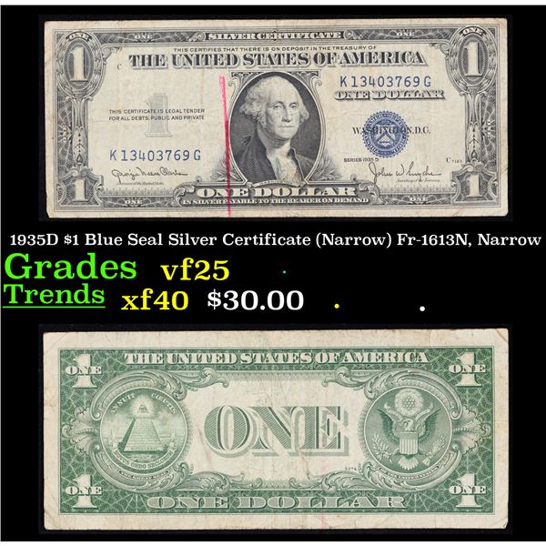 1935D $1 Blue Seal Silver Certificate (Narrow) Fr-1613N, Narrow Grades vf+