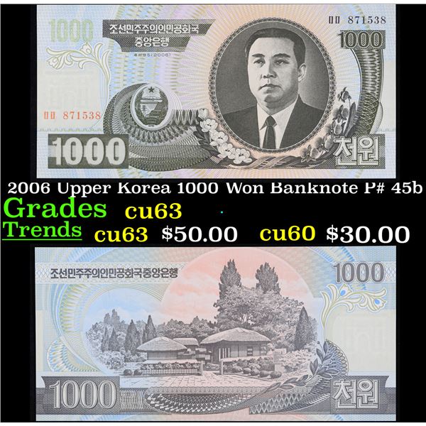 2006 Upper Korea 1000 Won Banknote P# 45b Grades Select CU