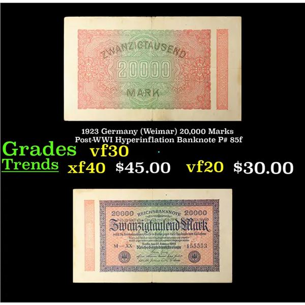 1923 Germany (Weimar) 20,000 Marks Post-WWI Hyperinflation Banknote P# 85f Grades vf++