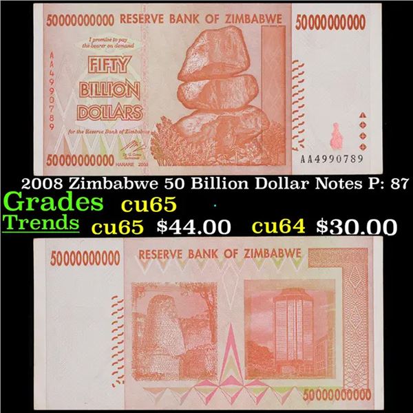 2008 Zimbabwe 50 Billion Dollar Notes P: 87 Grades Gem CU