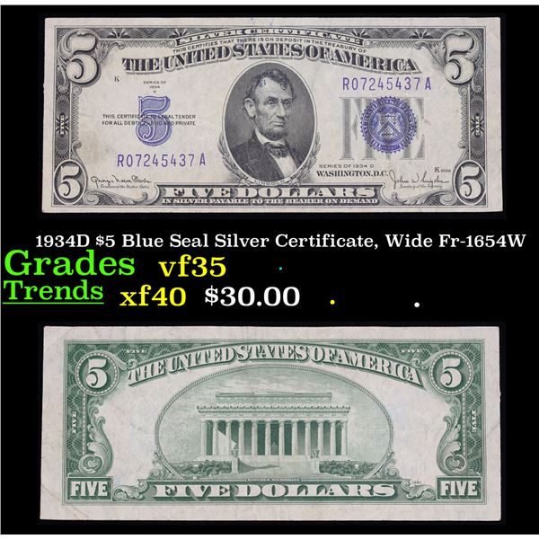 1934D $5 Blue Seal Silver Certificate, Wide Fr-1654W Grades vf++