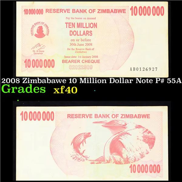 2008 Zimbabawe 10 Million Dollar Note P# 55A Grades xf