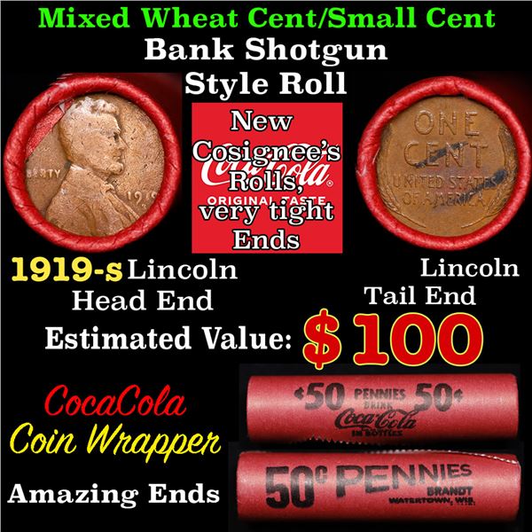 Mixed small cents 1c orig shotgun roll, 1919-d Lincoln Cent, Lincoln Cent other end, Coca-Cola Brand