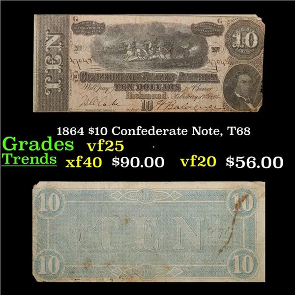 1864 $10 Confederate Note, T68 Grades vf+