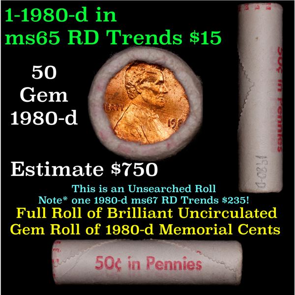 Shotgun Lincoln 1c roll, 1980-d 50 pcs Bank Wrapper.