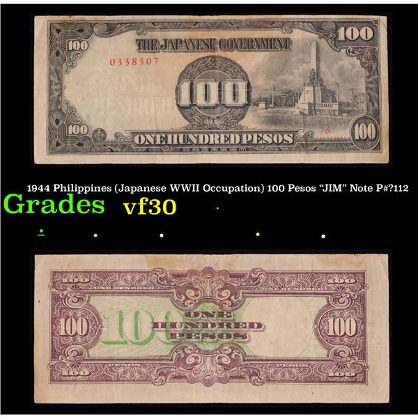 1944 Philippines (Japanese WWII Occupation) 100 Pesos "JIM" Note P#?112 Grades vf++