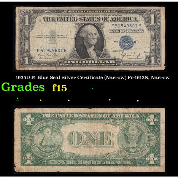 1935D $1 Blue Seal Silver Certificate (Narrow) Fr-1613N, Narrow Grades f+