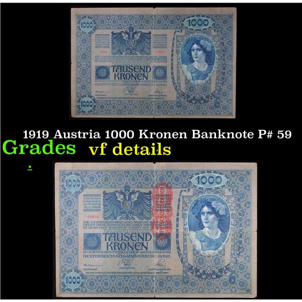 1919 Austria 1000 Kronen Banknote P# 59 Grades vf details