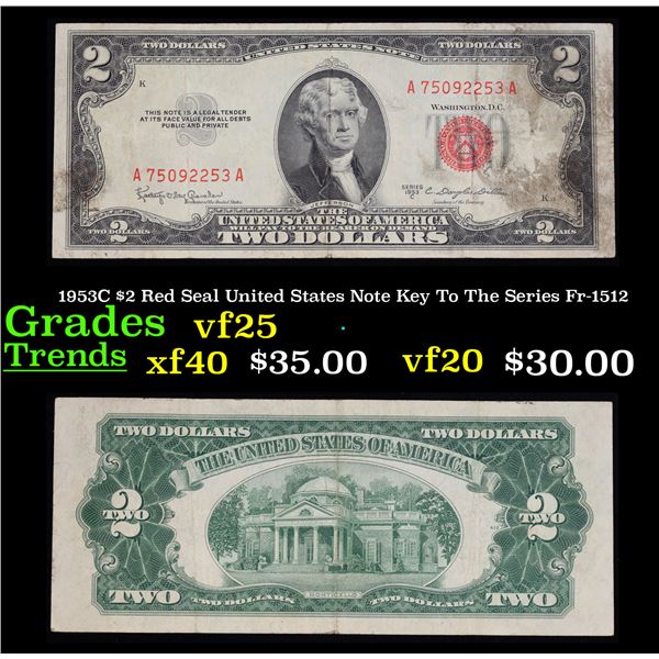 1953C $2 Red Seal United States Note Key To The Series Fr-1512 Grades vf+