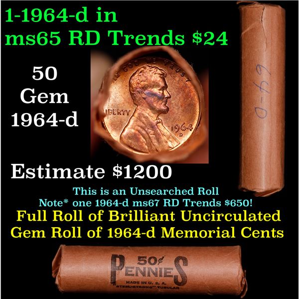 Shotgun Lincoln 1c roll, 1964-d 50 pcs Bank Wrapper.