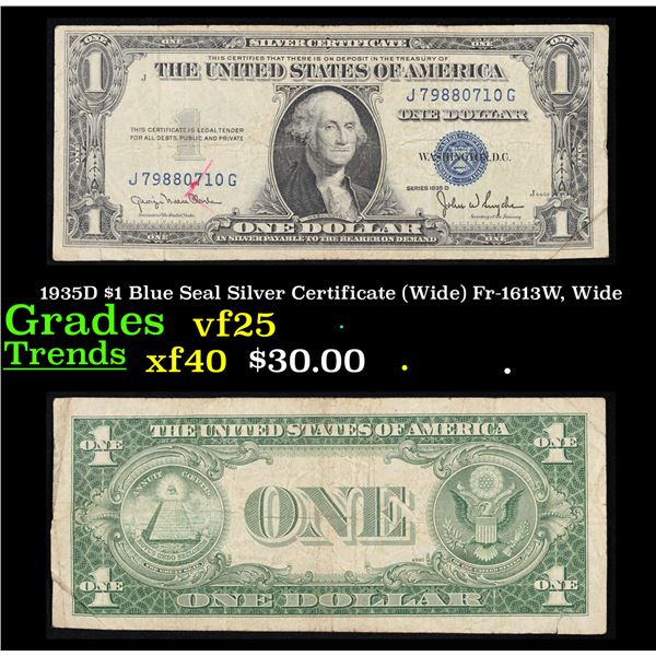 1935D $1 Blue Seal Silver Certificate (Wide) Fr-1613W, Wide Grades vf+