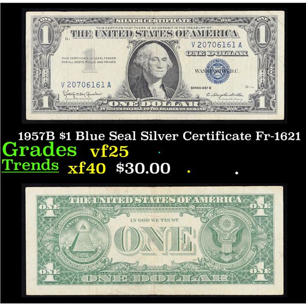 1957B $1 Blue Seal Silver Certificate Fr-1621 Grades vf+