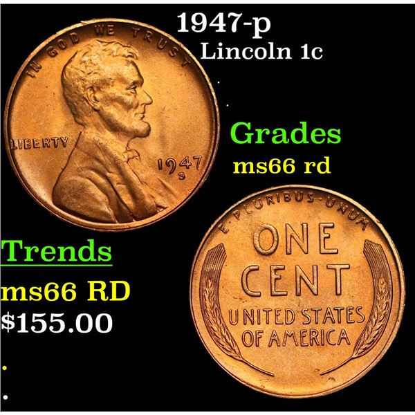 1947-p Lincoln Cent 1c Grades GEM+ Unc RD
