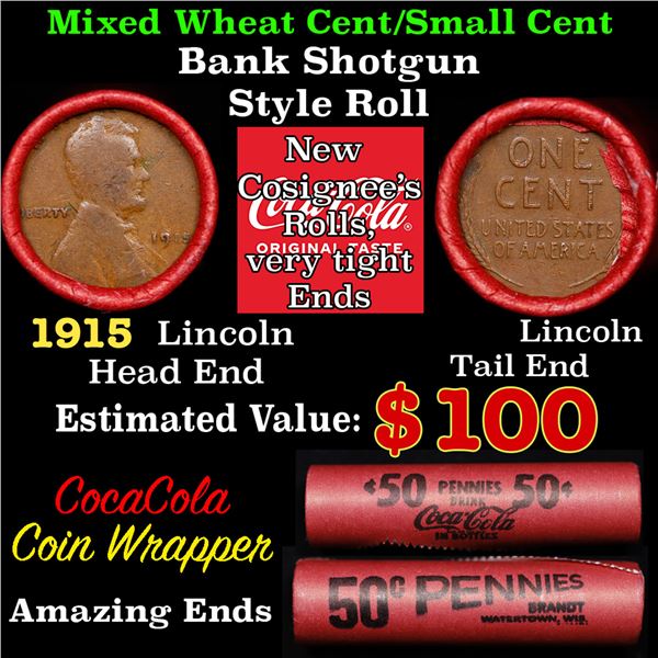 Mixed small cents 1c orig shotgun roll, 1915-p Lincoln Cent,  Lincoln Cent other end, Coca-Cola Bran