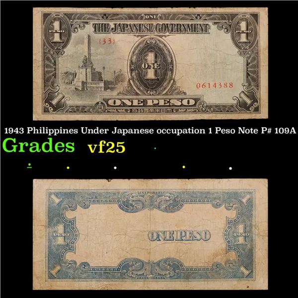 1943 Philippines Under Japanese occupation 1 Peso Note P# 109A Grades vf+