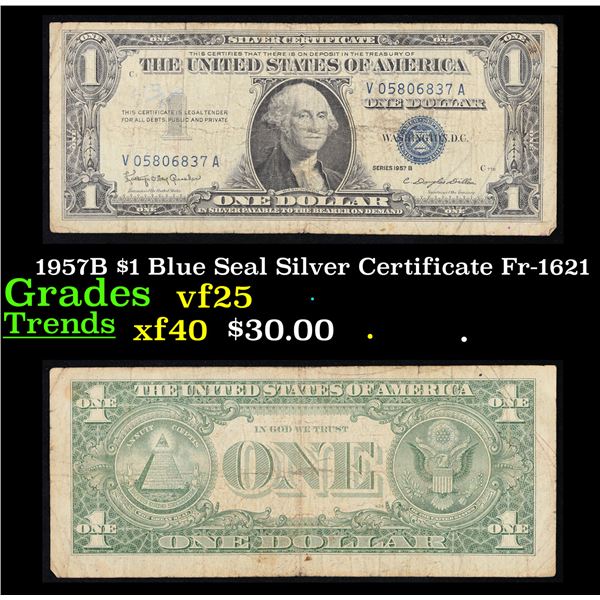 1957B $1 Blue Seal Silver Certificate Fr-1621 Grades vf+