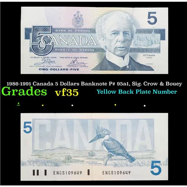 1986-1991 Canada 5 Dollars Banknote P# 95a1, Sig. Crow & Bouey Grades vf++